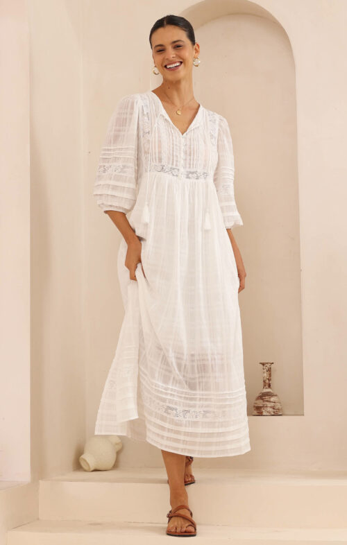 ENHANCE WHITE COTTON BALLOON SLEEVE MIDI DRESS