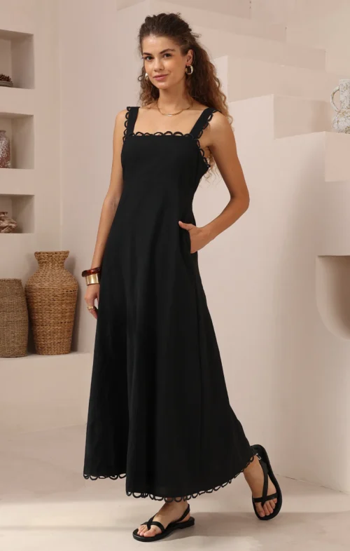 ENHANCE BLACK SCALLOPED MAXI DRESS
