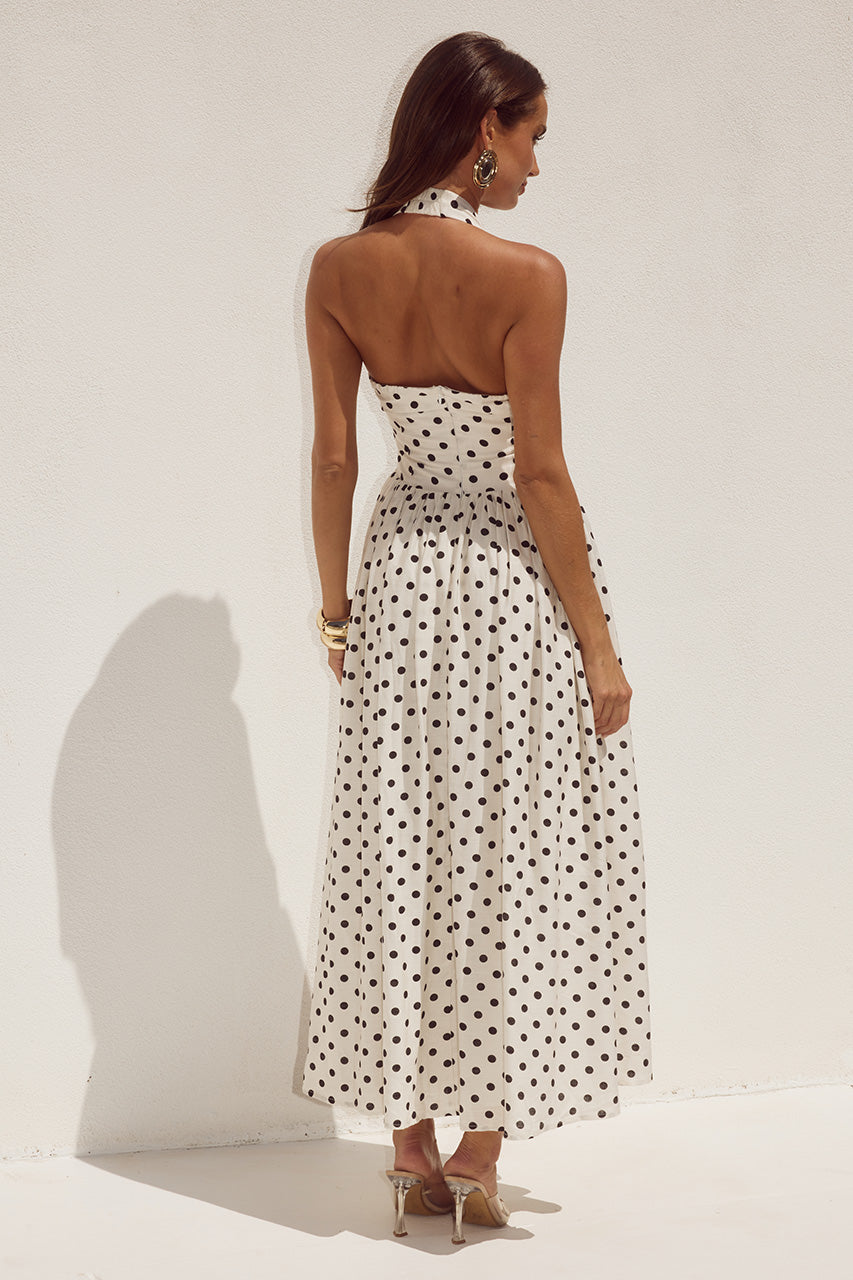ENHANCE SAMMI HALTER DRESS CREAM POLKA DOT
