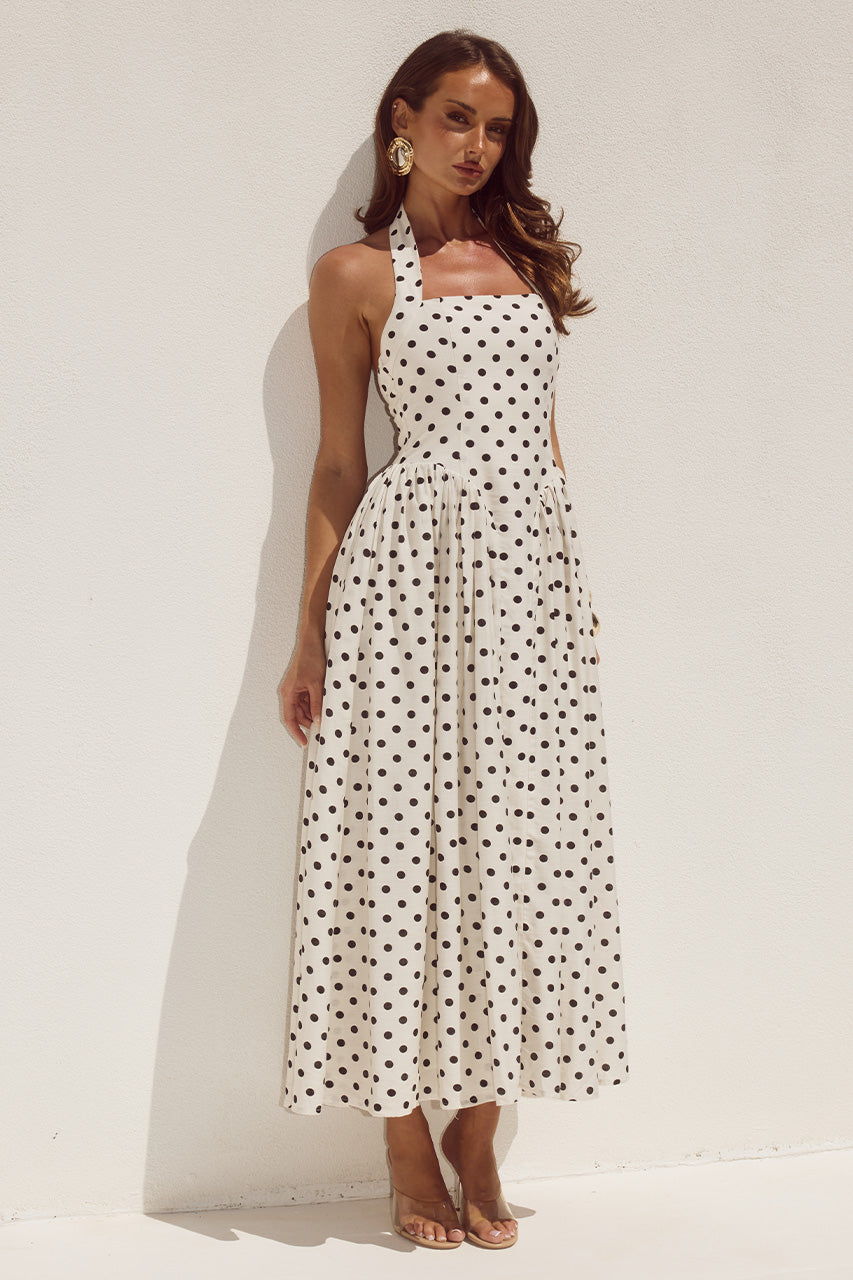 ENHANCE SAMMI HALTER DRESS CREAM POLKA DOT