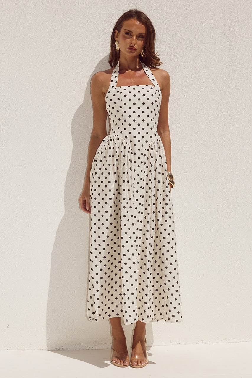 ENHANCE SAMMI HALTER DRESS CREAM POLKA DOT