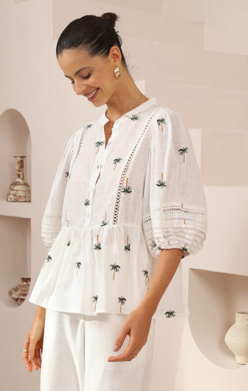 ENHANCE PALM EMBROIDERED LINEN BLOLUSE