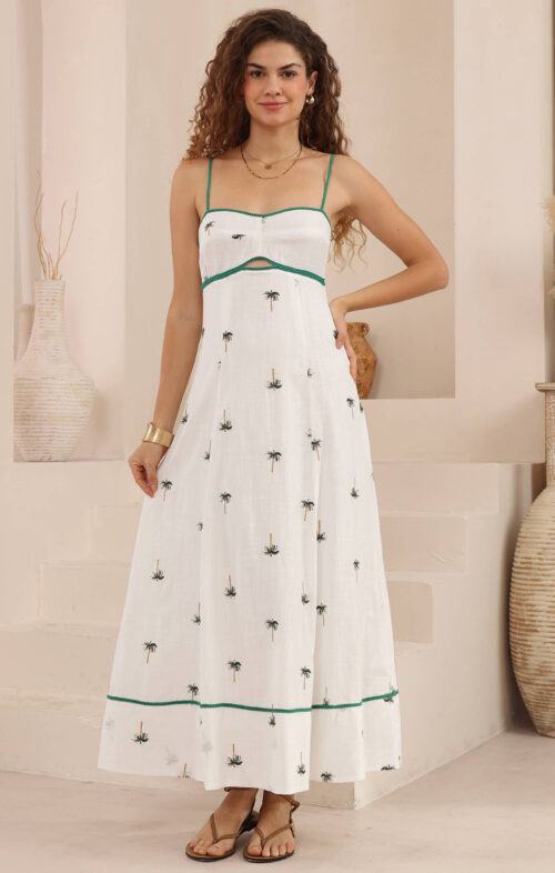 ENHANCE EDITS WHITE PALM PRINT MAXI DRESS