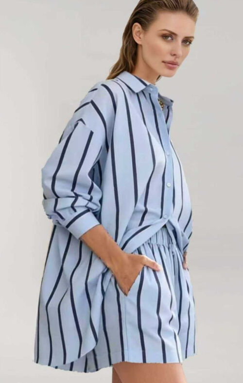 ENHANCE STRIPE COTTON SHIRT WIDE BLUE