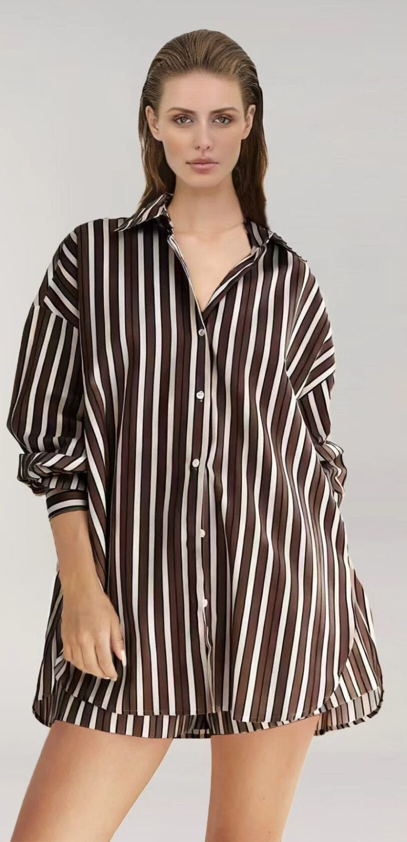ENHANCE STRIPE COTTON SHIRT CHOCOLATE