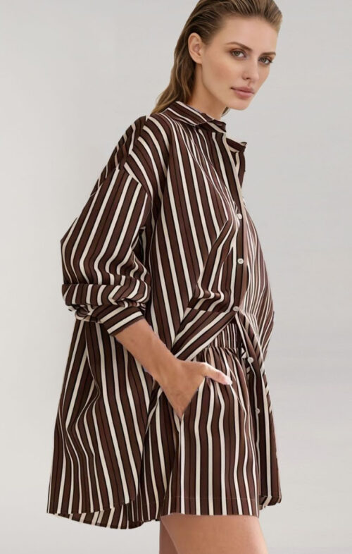 ENHANCE STRIPE COTTON SHIRT CHOCOLATE