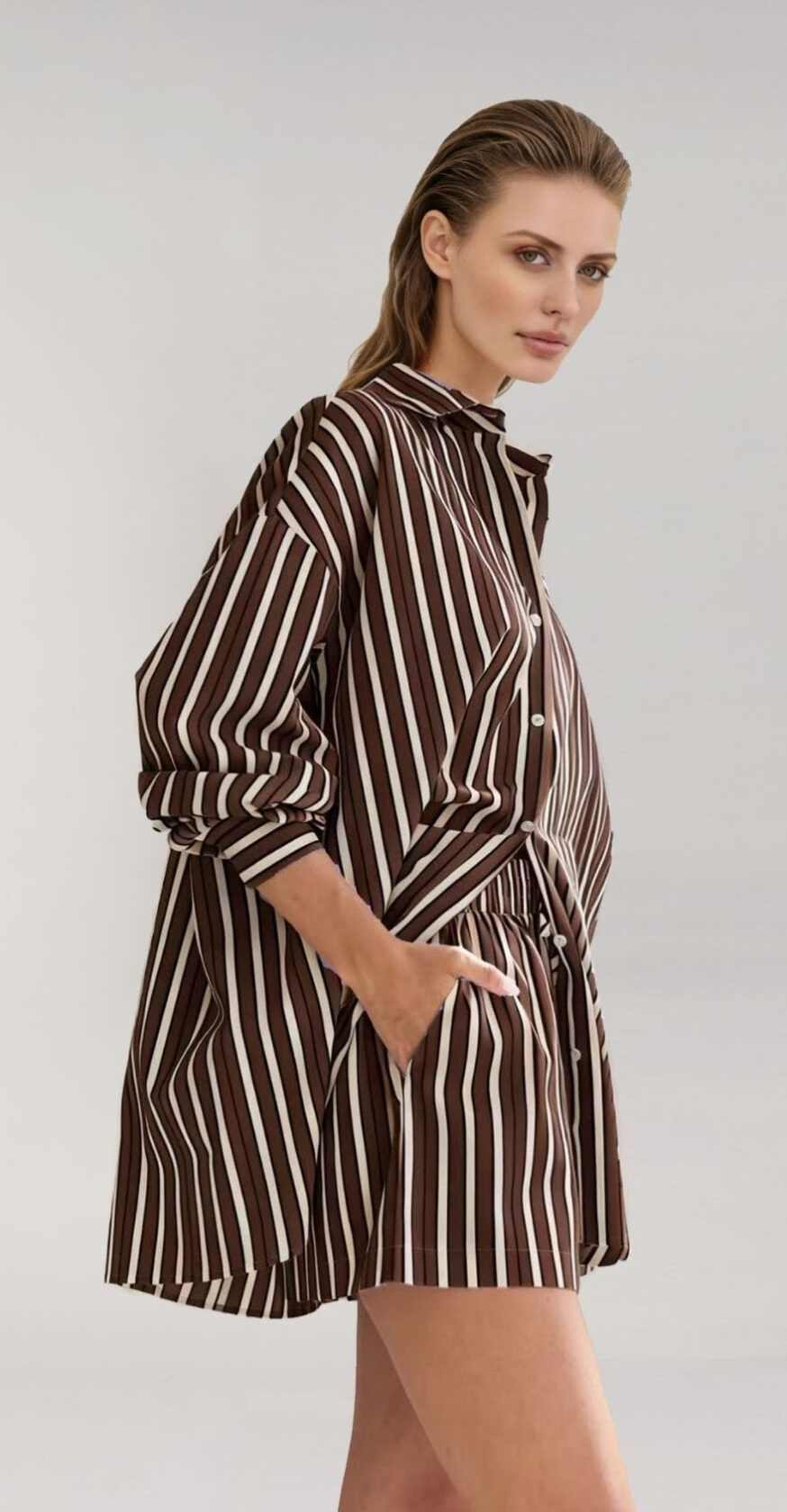 ENHANCE STRIPE COTTON SHIRT CHOCOLATE