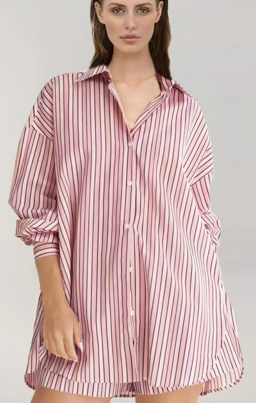 ENHANCE STRIPE COTTON SHIRT PINK