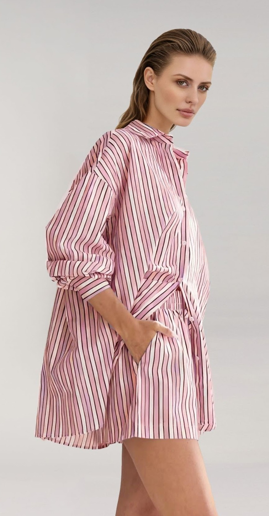 ENHANCE STRIPE COTTON SHIRT PINK