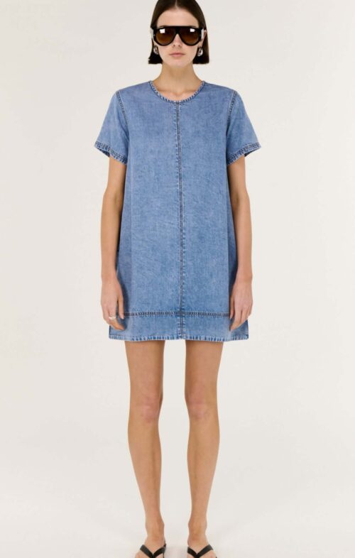 ENHANCE RAE CHAMBRAY DENIM MINI DRESS