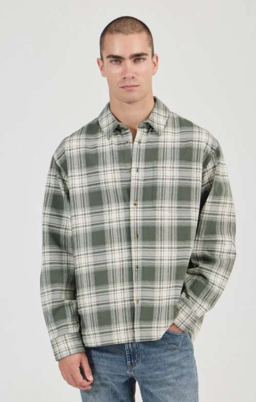 ROLLAS MEN CAMPUS HEAVY CHECK LS SHIRT OLIVE