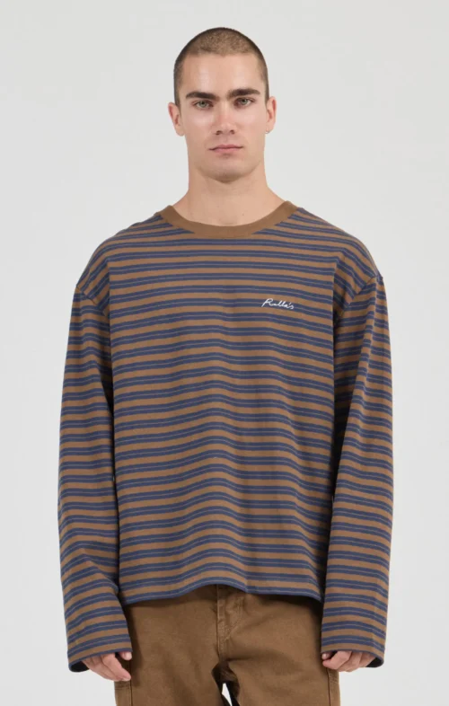 ROLLAS MEN STRIPE LS TEE TAN NAVY